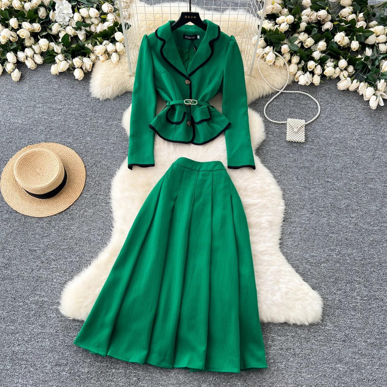 green belted blazer dress Tailored Double-Breasted Blazer Dress