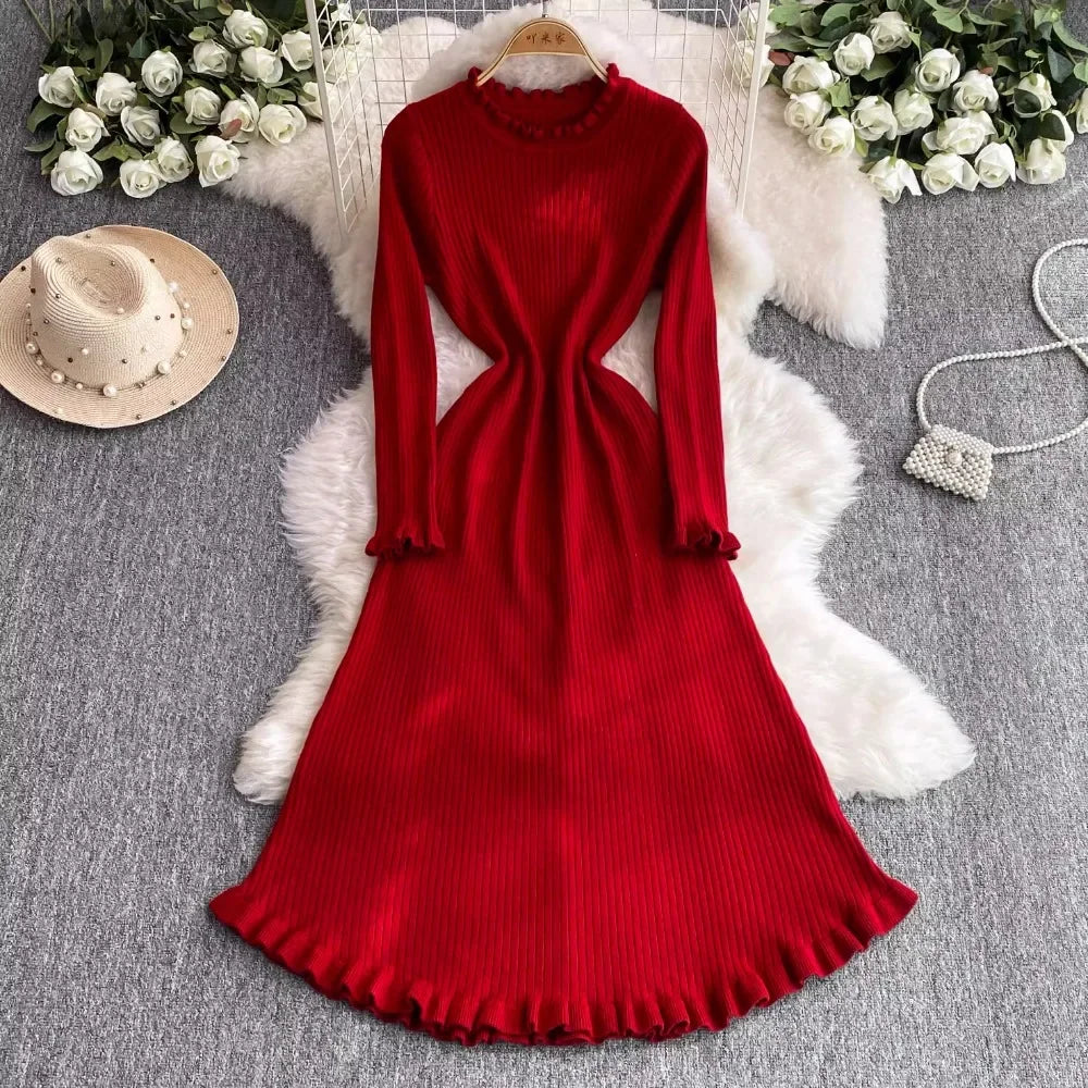 long sleeve v neck knit dress V Neck Knit Bodycon Slit Midi Dress - MEDIUM / White main image 1