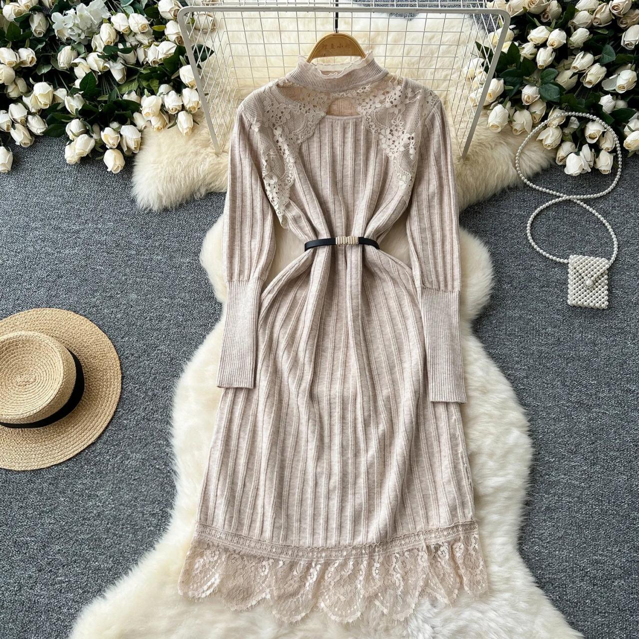Cozy Ribbed Knit Dress With Lace Accents on Luulla