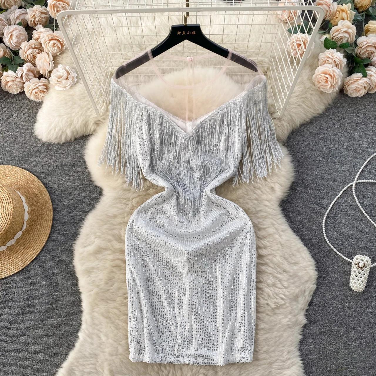 Silver Sequin Fringe Dress With Sleeves on Luulla