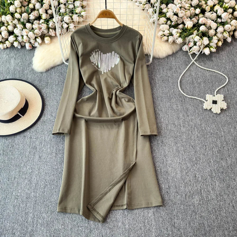 Cozy Long-sleeve Olive Dress With Heart Design on Luulla