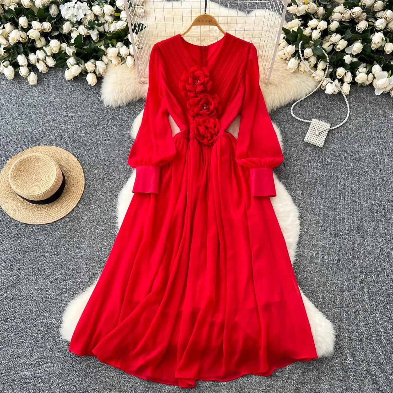 slim fit dress slacks Spring V-Neck Hollow Out Maxi Dress with Flare Sleeves, Green / M main image 0