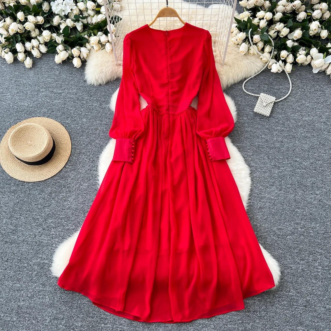 Red Floral Long-sleeve Chiffon Maxi Dress