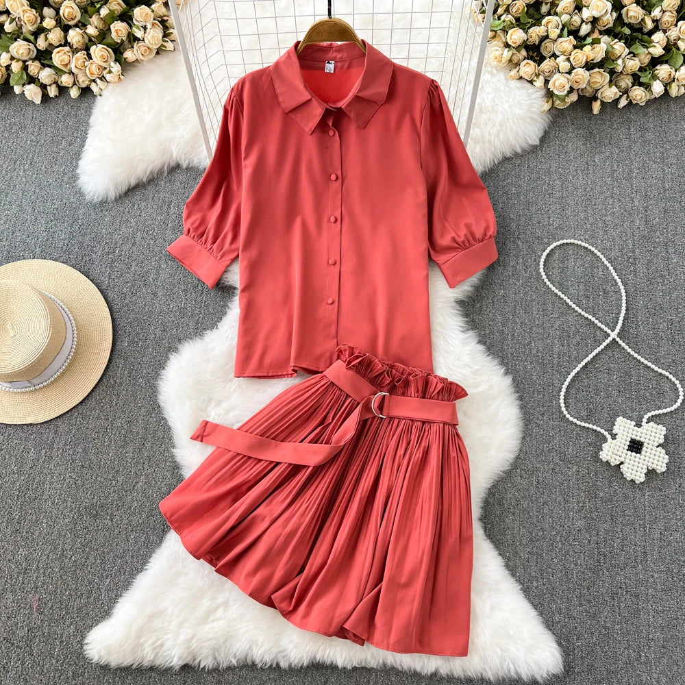 Red Button-up Blouse And Skirt Set on Luulla