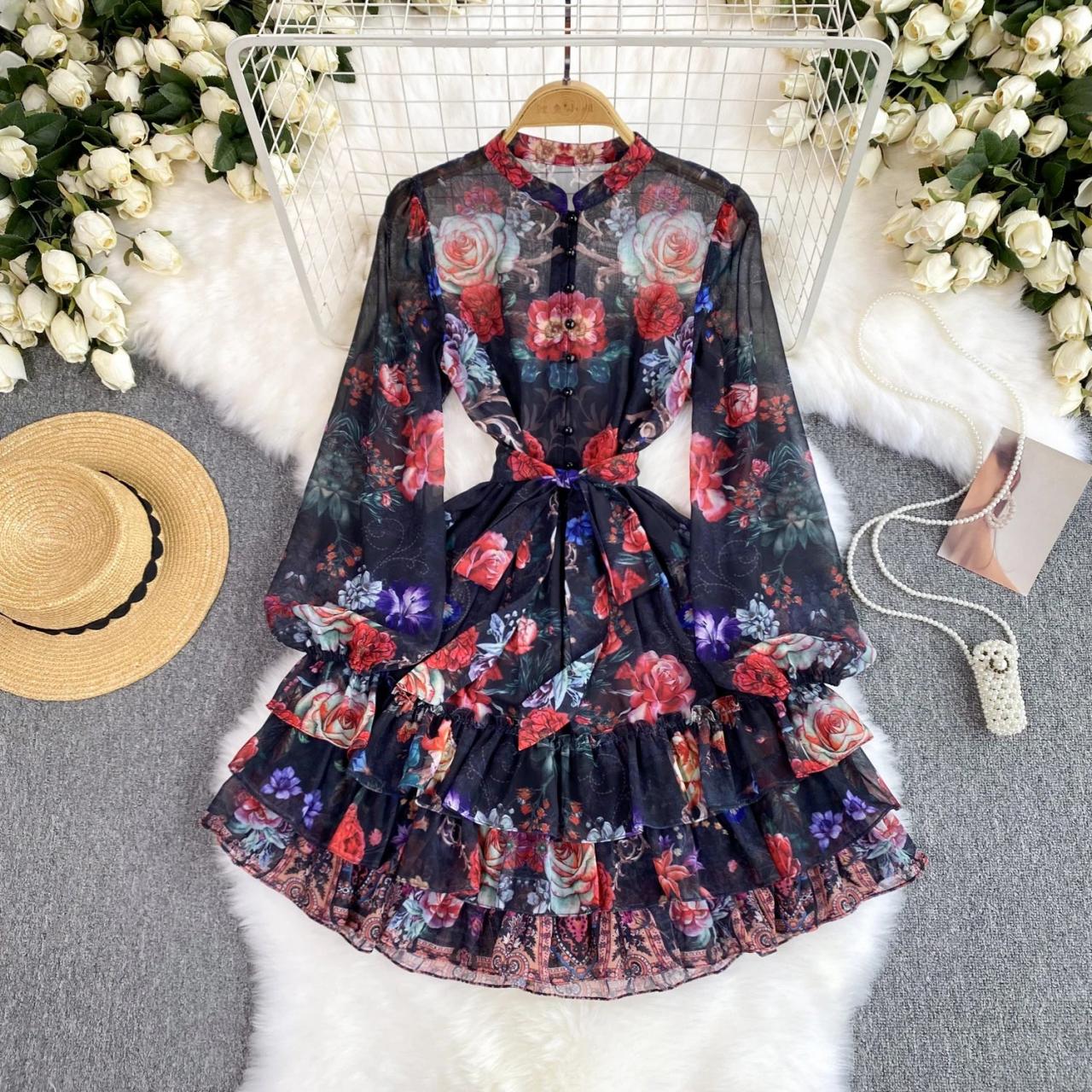 Floral Chiffon Long Sleeve Pleated Midi Dress