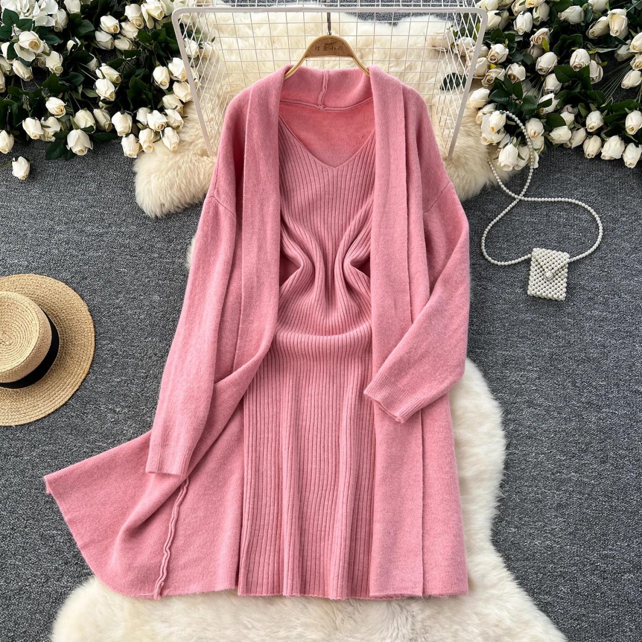 Cozy Pink Knit Dress And Cardigan Set