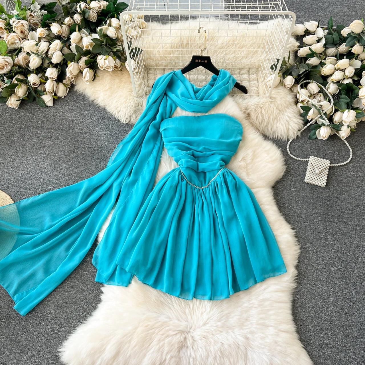 Strapless Teal Chiffon Dress with Matching Scarf