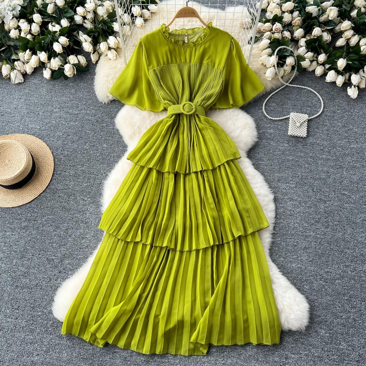 Vintage Green Tiered Belted Pleated Maxi Dress