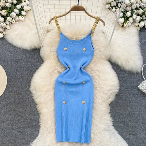 Blue Knit Dress With Gold Chain Straps