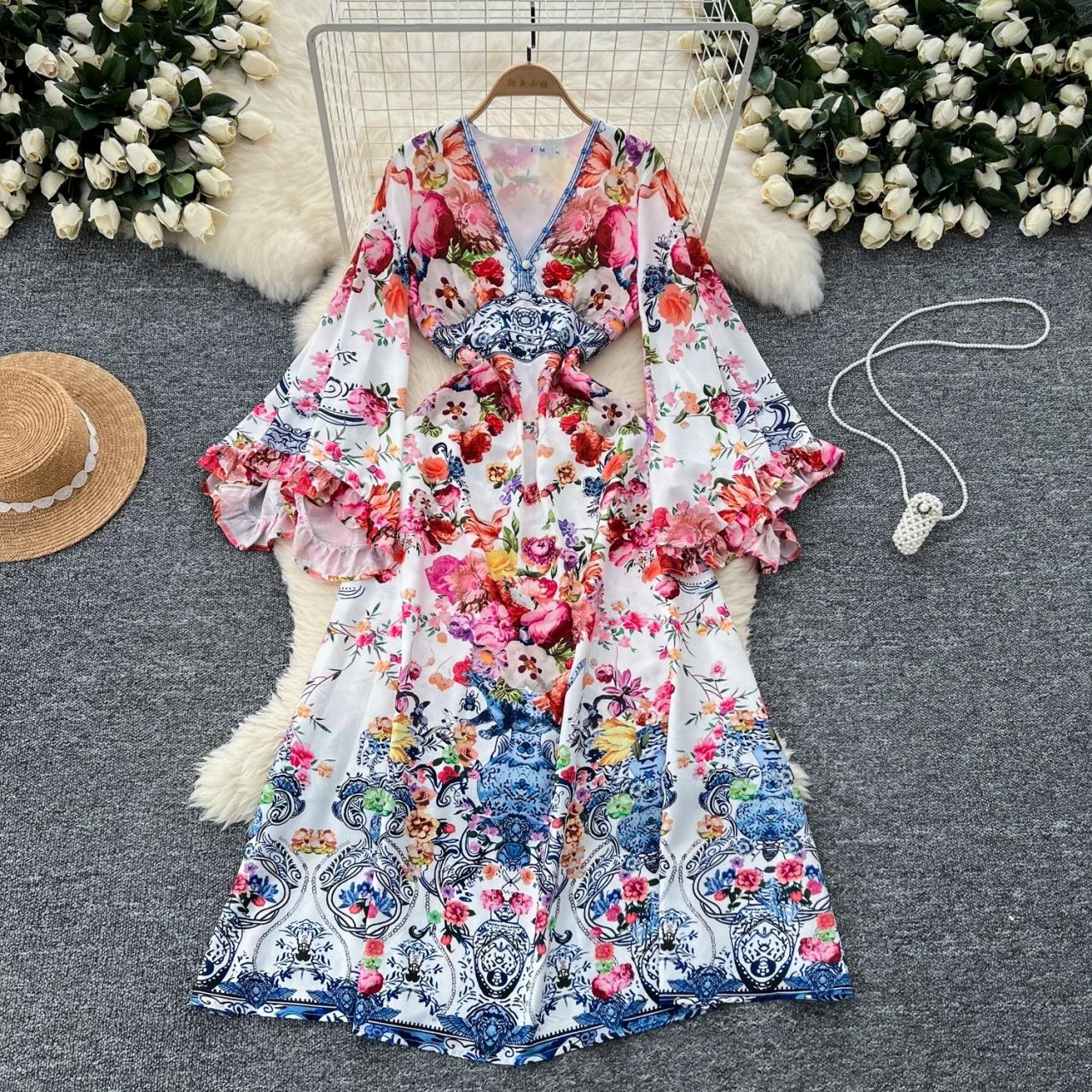 Vibrant Floral Maxi Dress With Flared Sleeves