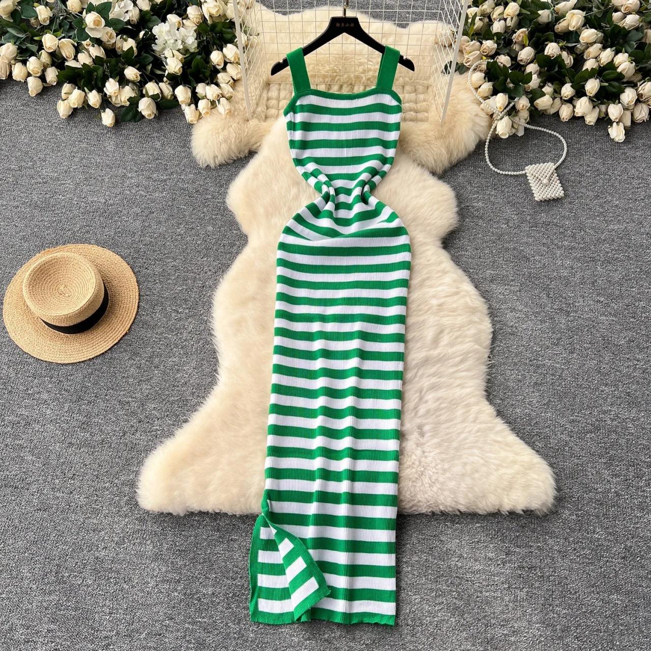 knee length dresses for ladies Lizzie Sea Green and White Striped Maxi Dress Medium / Sea Green
