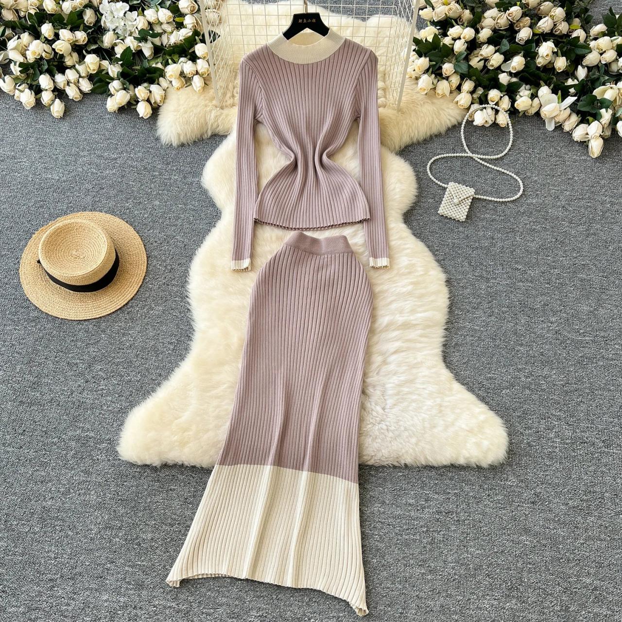 Stretchy Two-piece Long Sleeve Knitted Dress Set