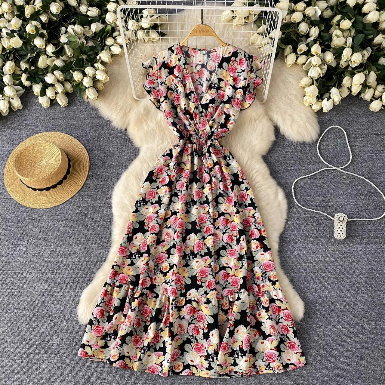 Floral V-neck Maxi Dress With Cap Sleeves on Luulla