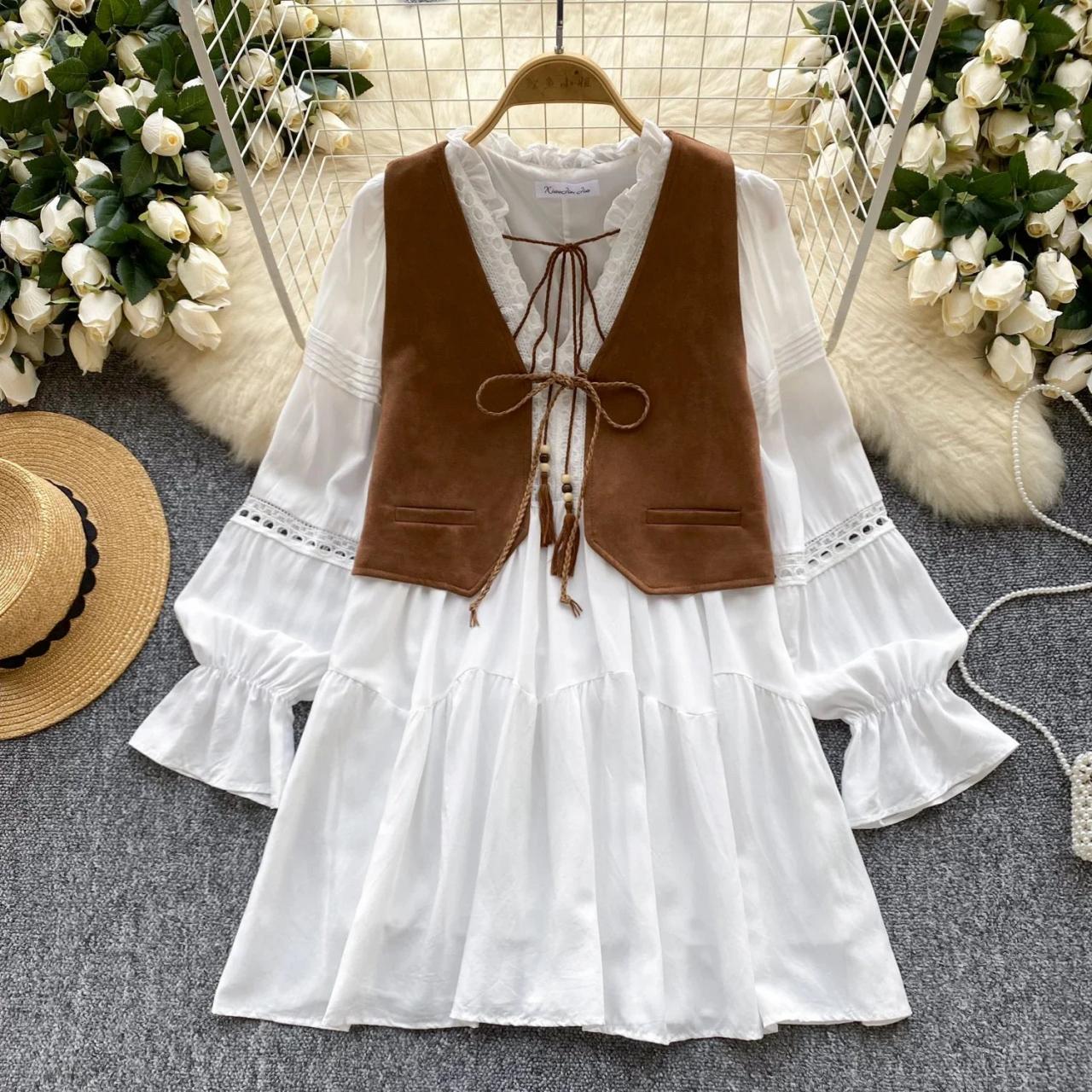 Boho Chic White Dress With Brown Vest