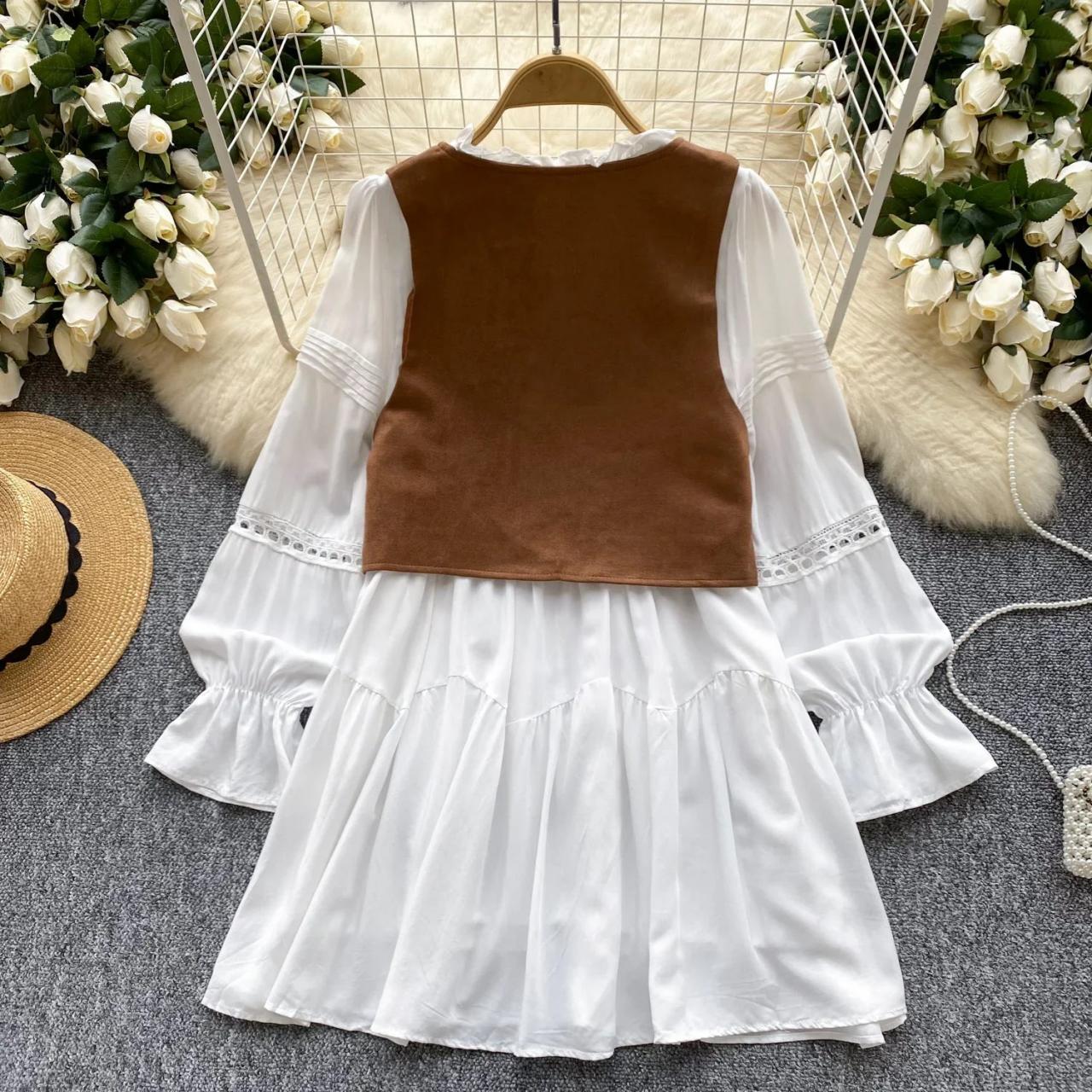 Boho Chic White Dress With Brown Vest