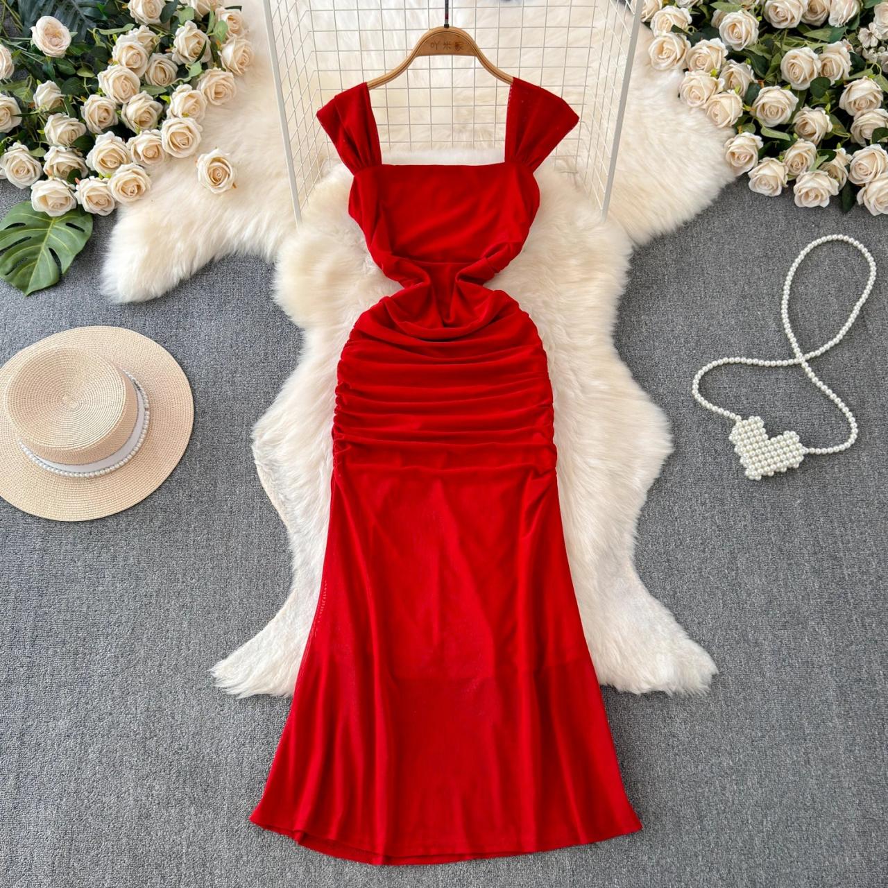 Red Ruched Sleeveless Midi Dress with Bow