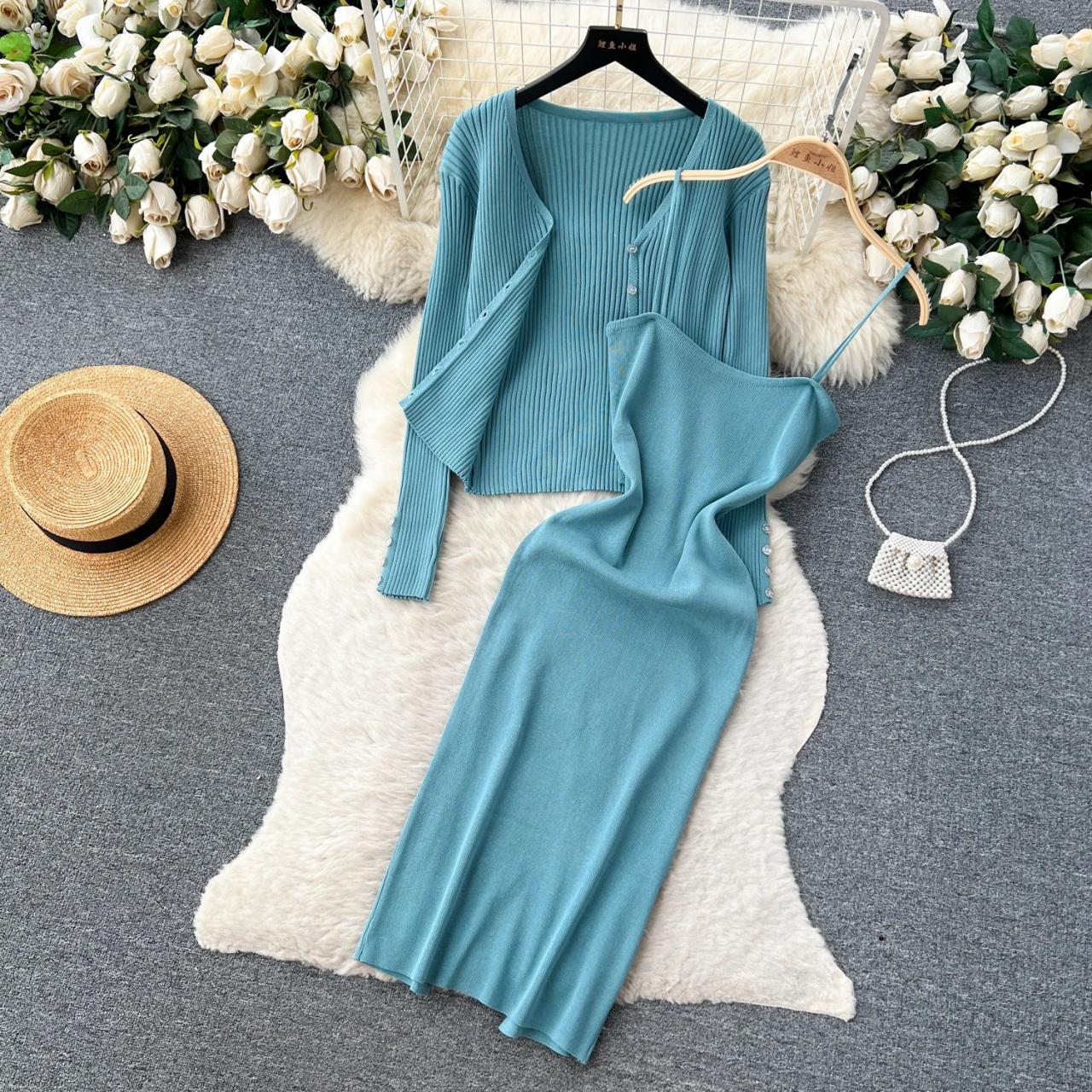Blue Knit Dress Set With Long Sleeve Cardigan on Luulla