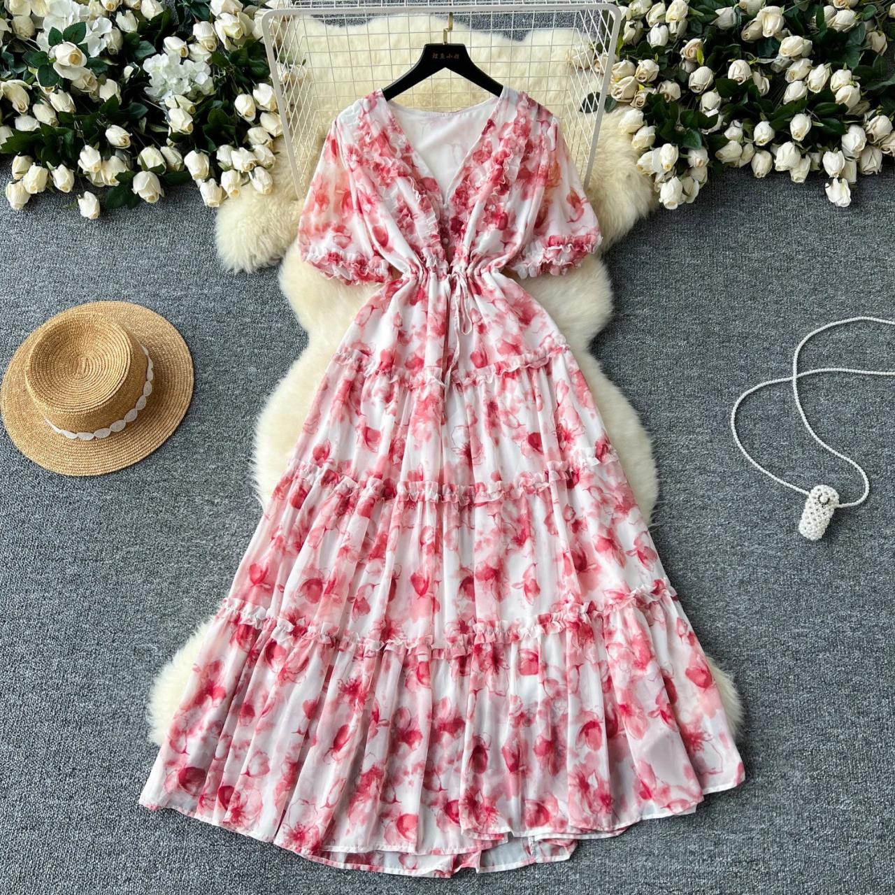 Floral Chiffon Maxi Dress with Adjustable Waist