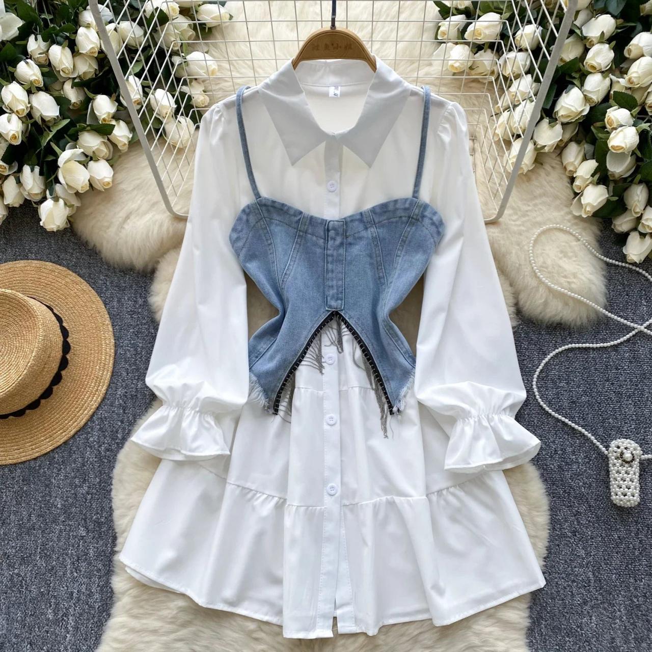 white button down dress with corset Loran Cotton Side Corset Button Down Long Sleeve Dress In White L