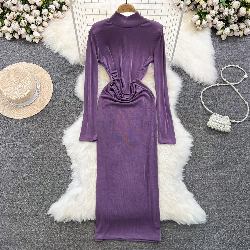 Purple Long Sleeve Ruched Bodycon Midi Dress
