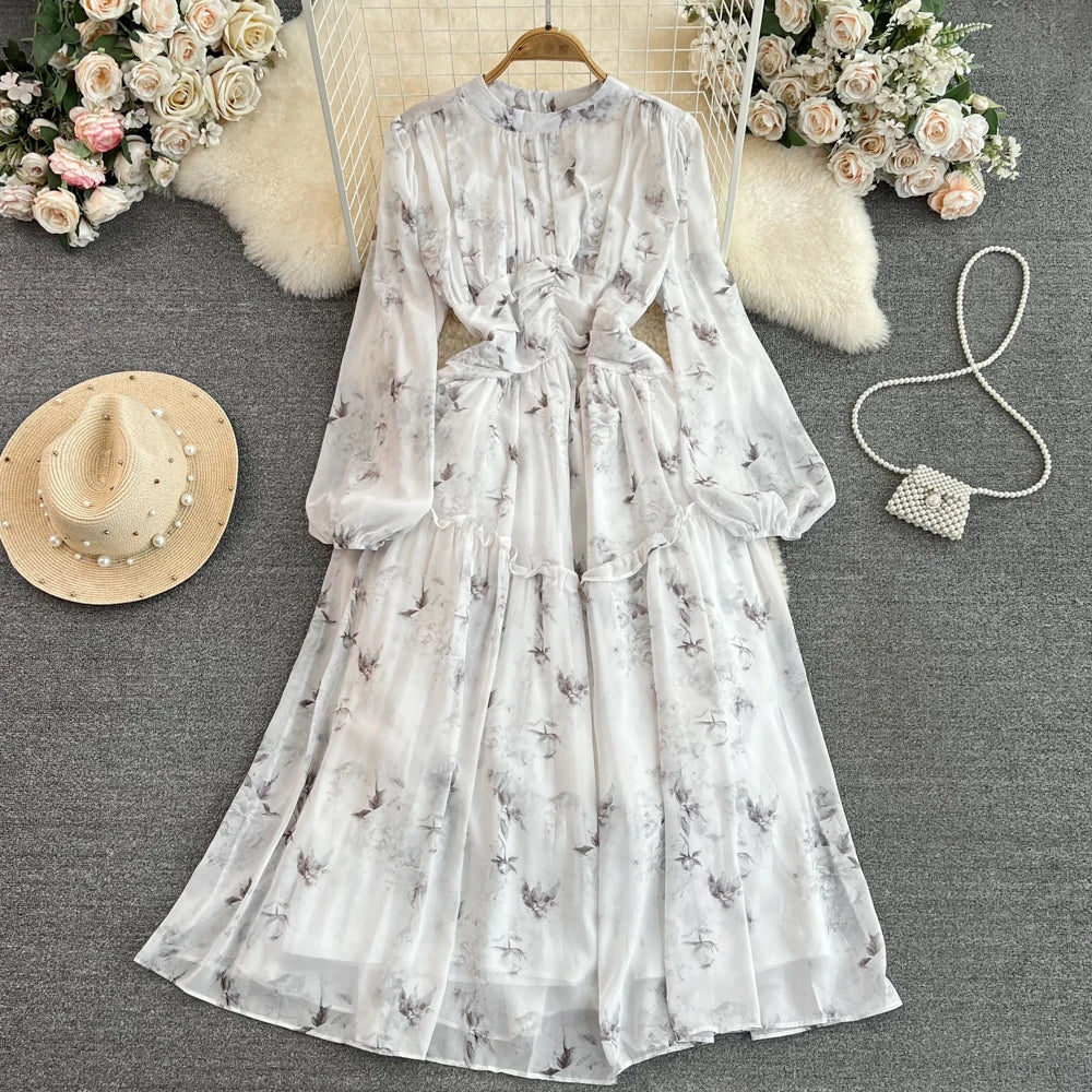 Floral Chiffon Maxi Dress With Puff Sleeves on Luulla