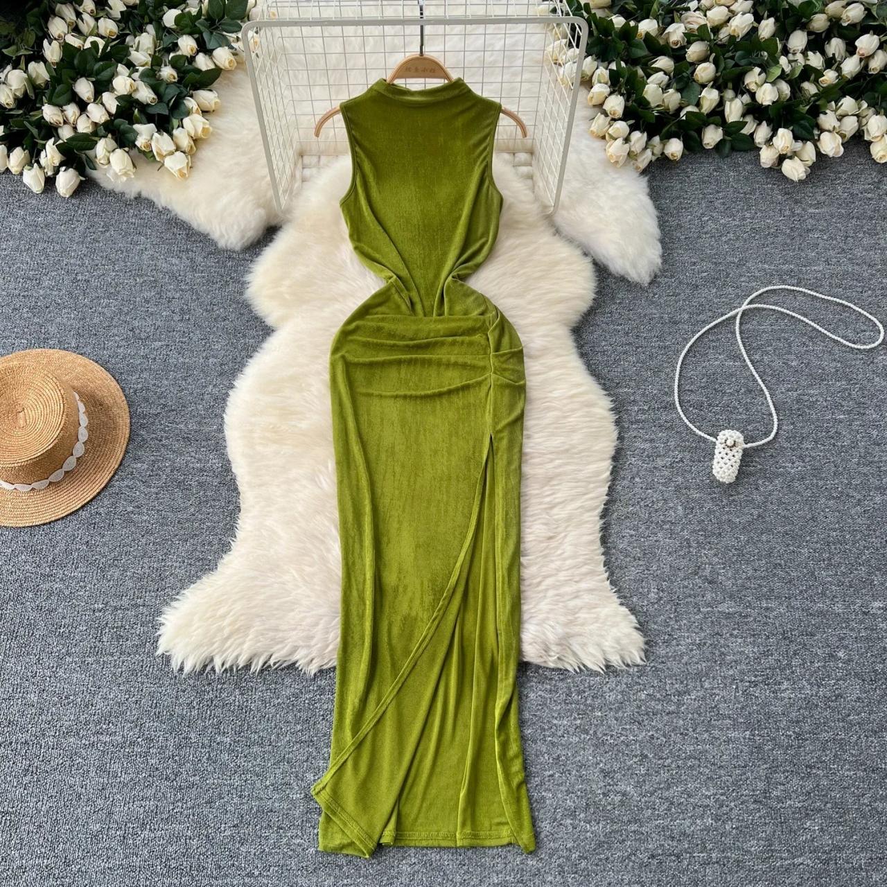 Luxurious Green Velvet Sleeveless Maxi Dress on Luulla