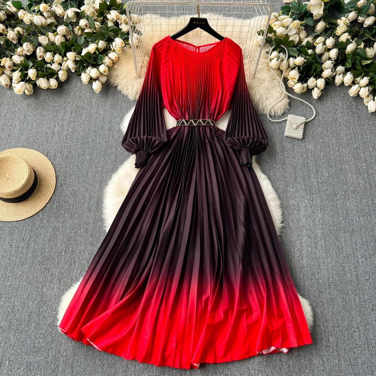 gradient pleated maxi dress Stunning Red Gradient Pleated Long Sleeve Dress
