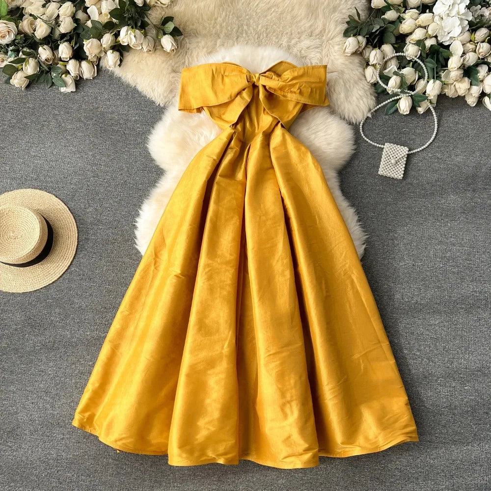 Luxurious Gold Satin Bow-back Maxi Dress
