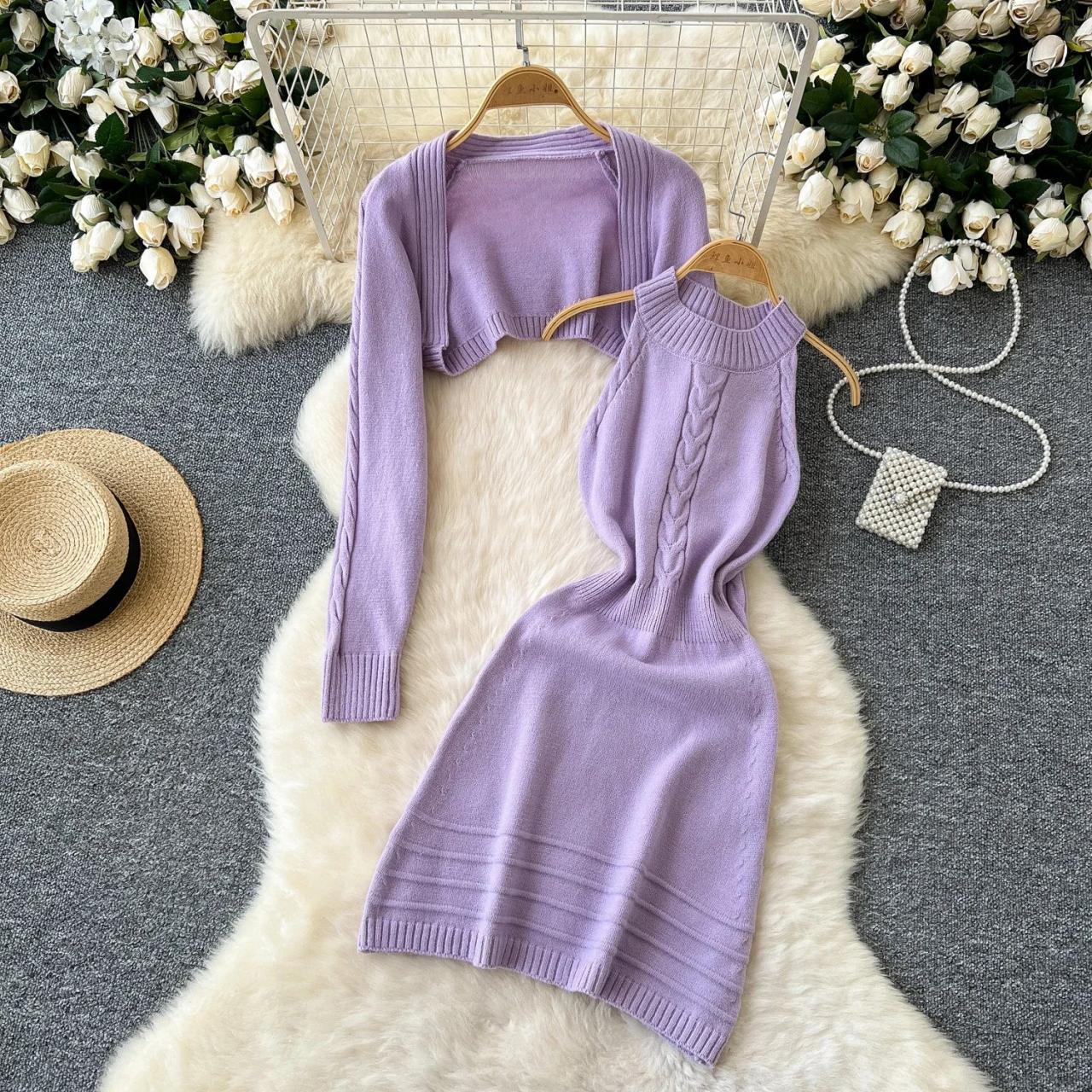 Lavender Knit Dress And Cardigan Set