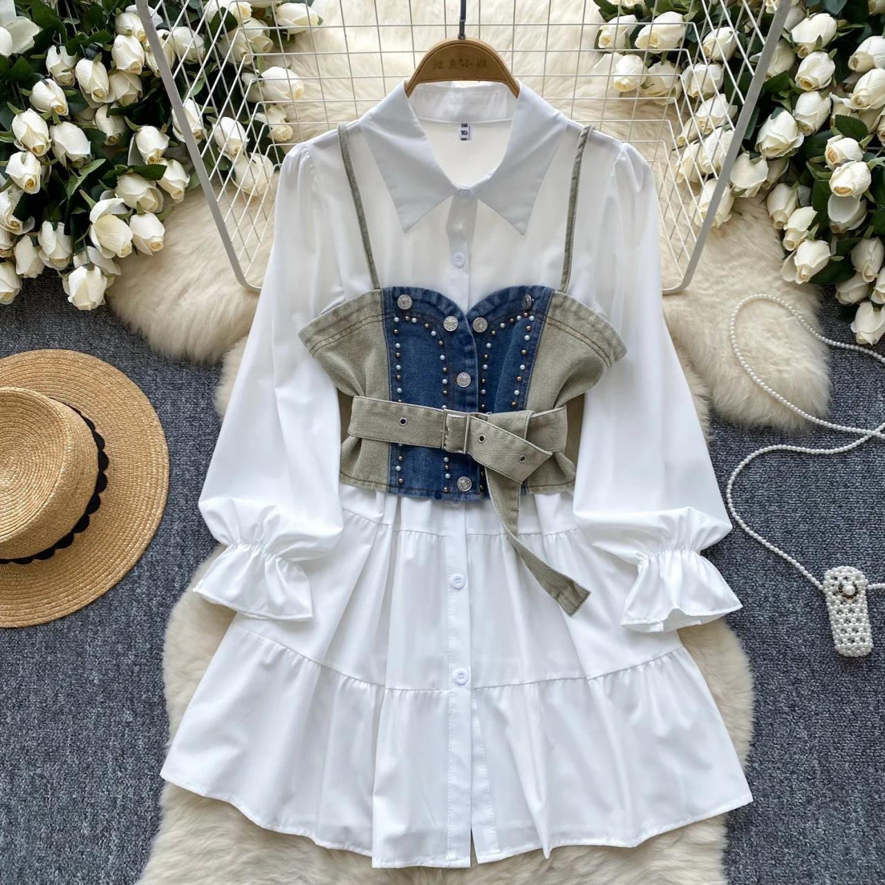 white shirt dress with denim corset Going Big Denim Corset Shirt Dress - White/Blue