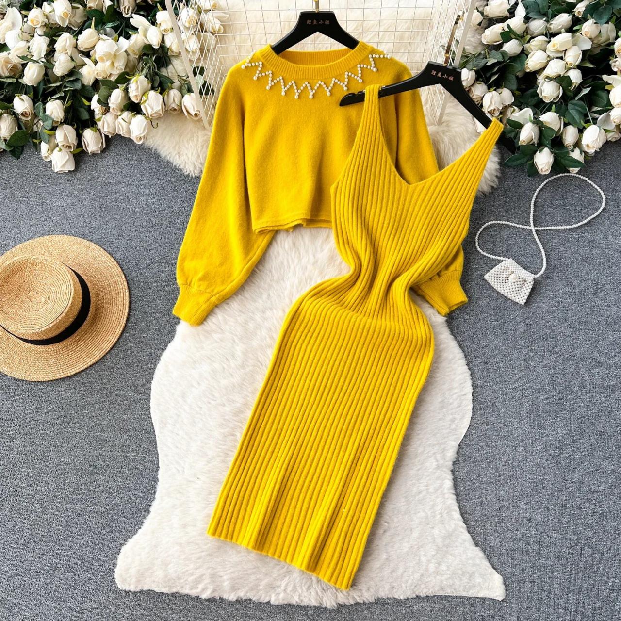 Cozy Yellow Knit Sweater Dress Combo Set