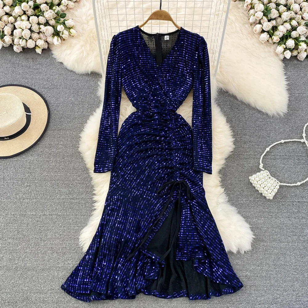 long sleeve prom dresses 2025 Light Blue Sequin Mermaid Long Sleeve Prom Dress with Sweetheart Neckline and Slit 22180 main image 0