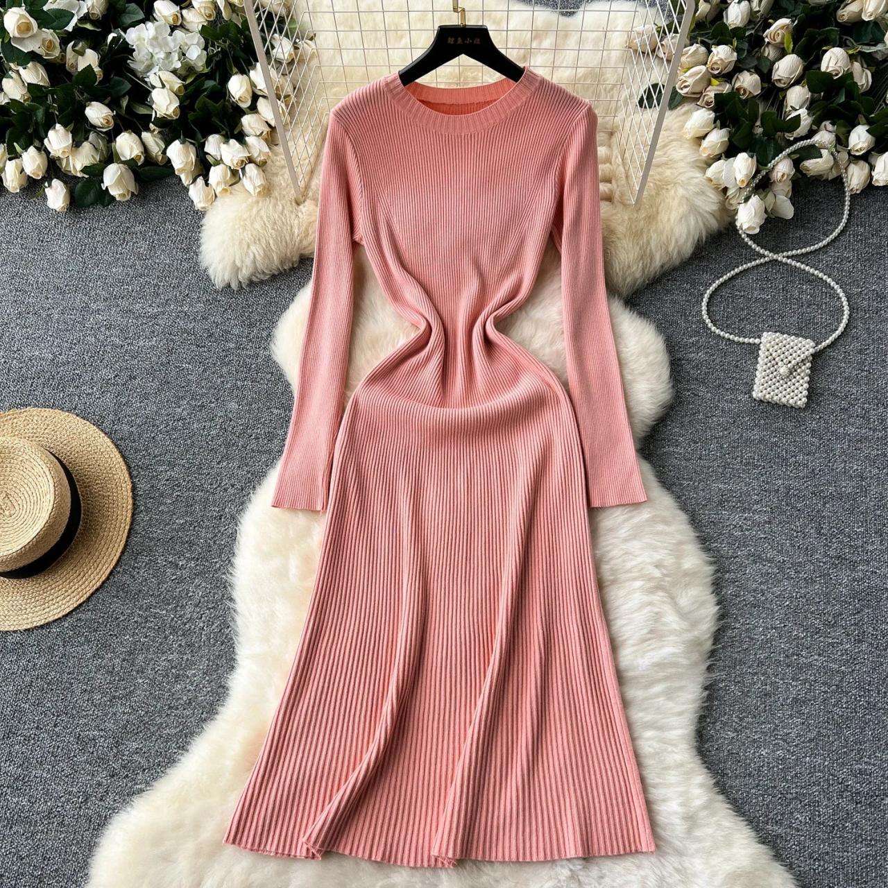 Ribbed Long-sleeve Knit Dress In Pastel Pink