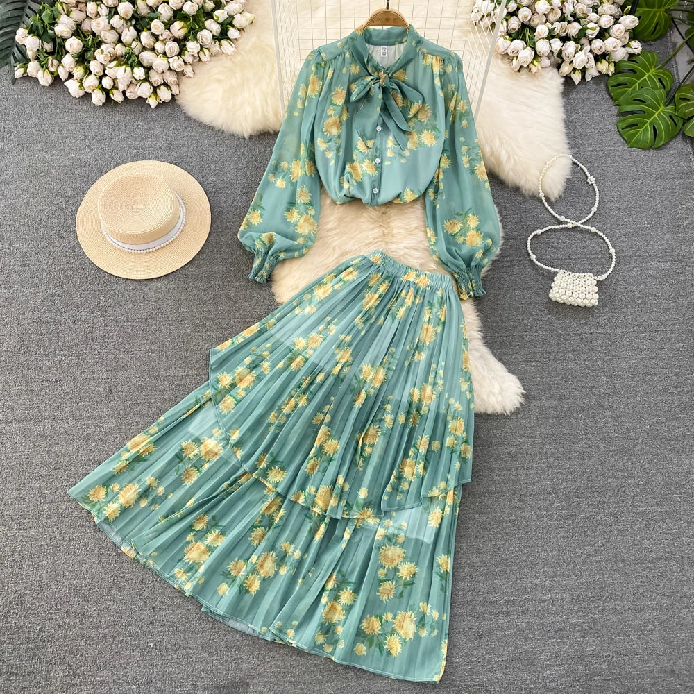 Casual Couture Floral Chiffon Blouse and Skirt Set Outfit