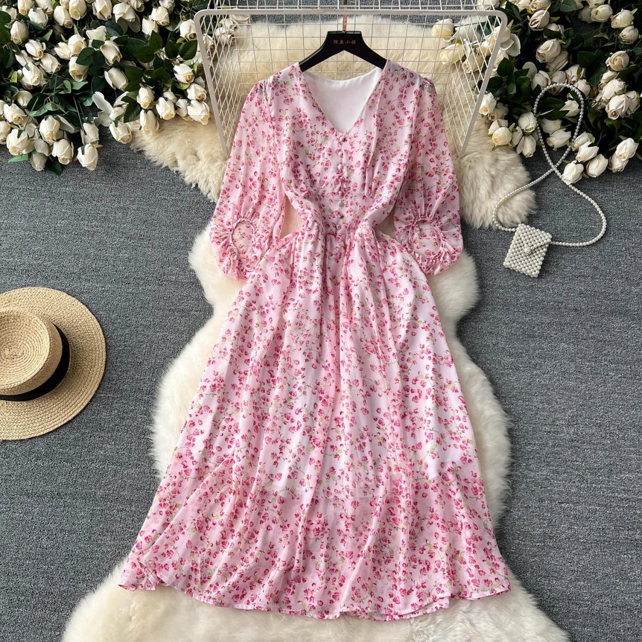 fitted lace wedding dress High Quality Crochet Lace Belted Flower Print Long Sleeve Bohemian Dress Lavender / M main image 1