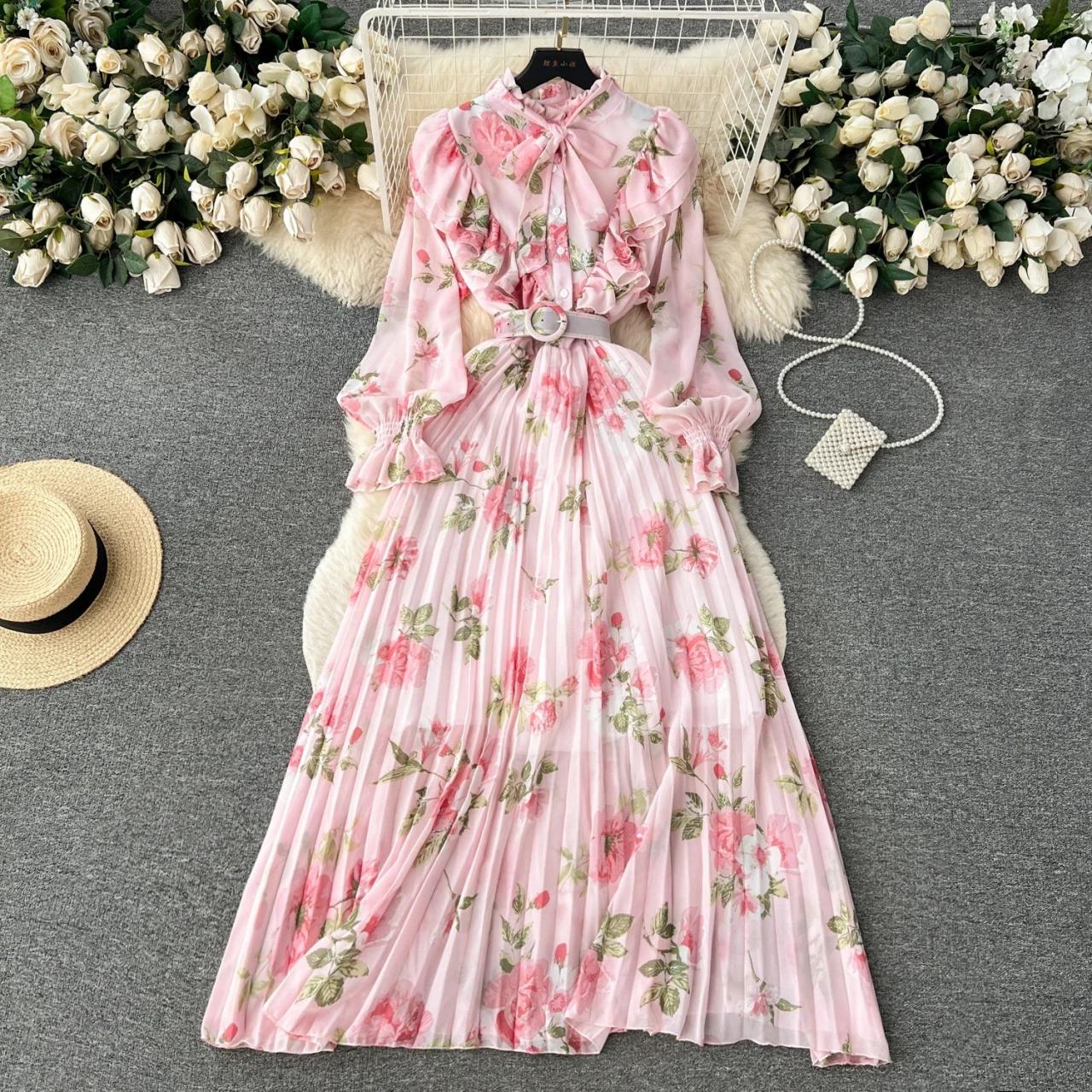 knee length dresses for ladies Chiffon Floral Pleated Long Sleeve Dress – Ballin's LTD main image 0