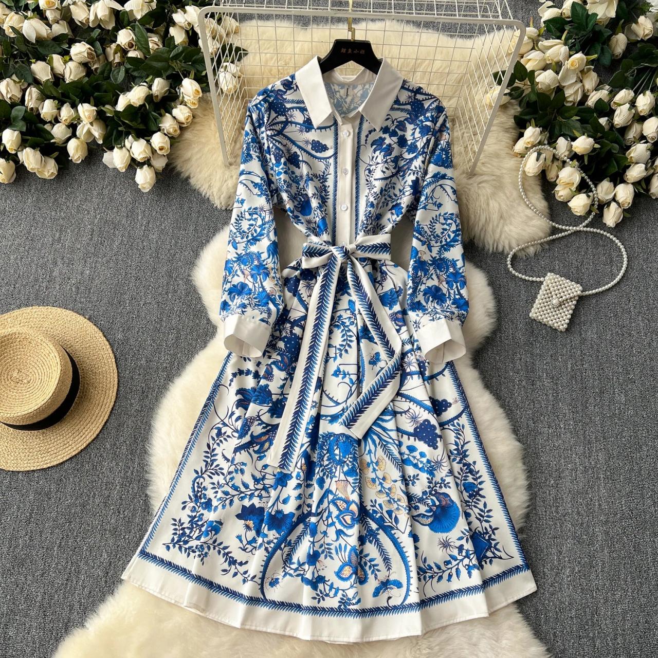 Floral Long Sleeve Belted Shirt Dress on Luulla