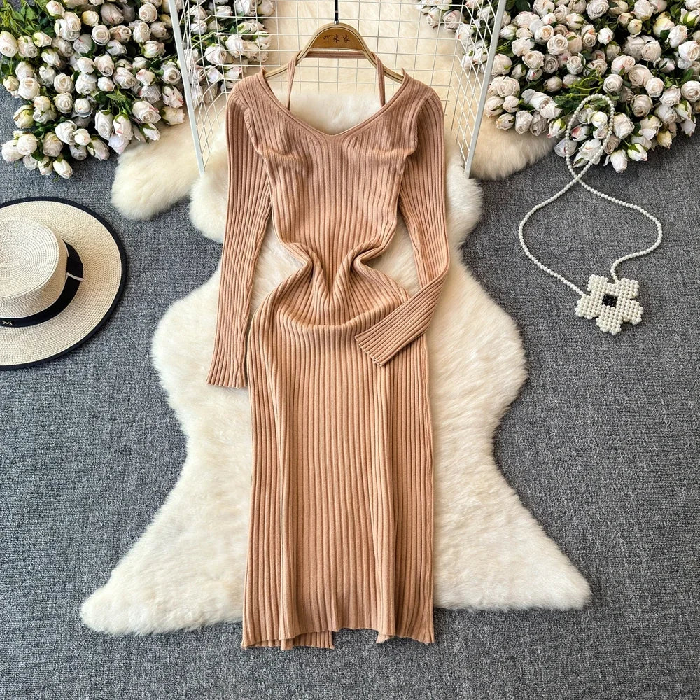 strapless open back dress Long Sleeve Ribbed Off Shoulder Dress – BodyFab.com main image 1