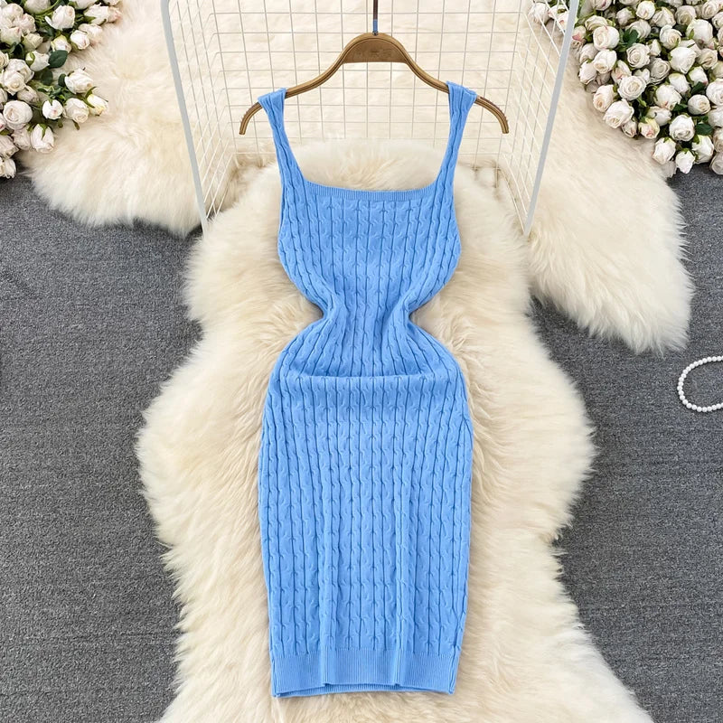 Cozy Blue Knit Sleeveless Bodycon Midi Dress