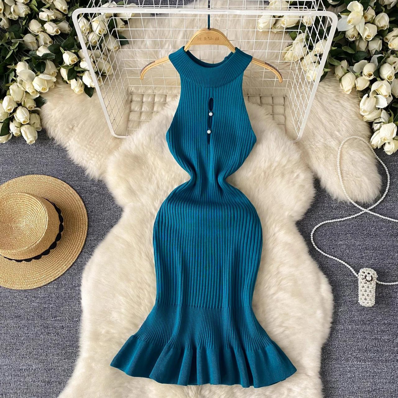 Sleeveless Ribbed Knit Dress with Flared Hem