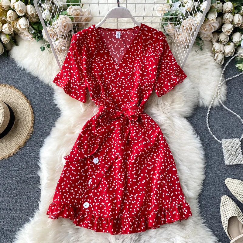 red floral wrap dress short sleeve Szhihuiwladies Summer Dresses V Neck Wrap Short Sleeve Ruffled Midi Dress Casual Tie Side Vacation Sundresses, Women's, Size: XL, Red