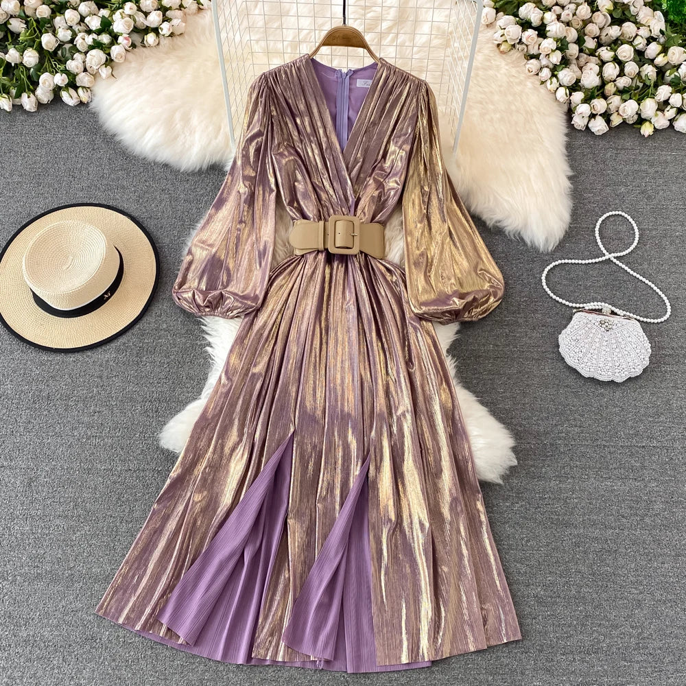 Metallic Gold Maxi Dress With Belted Waist