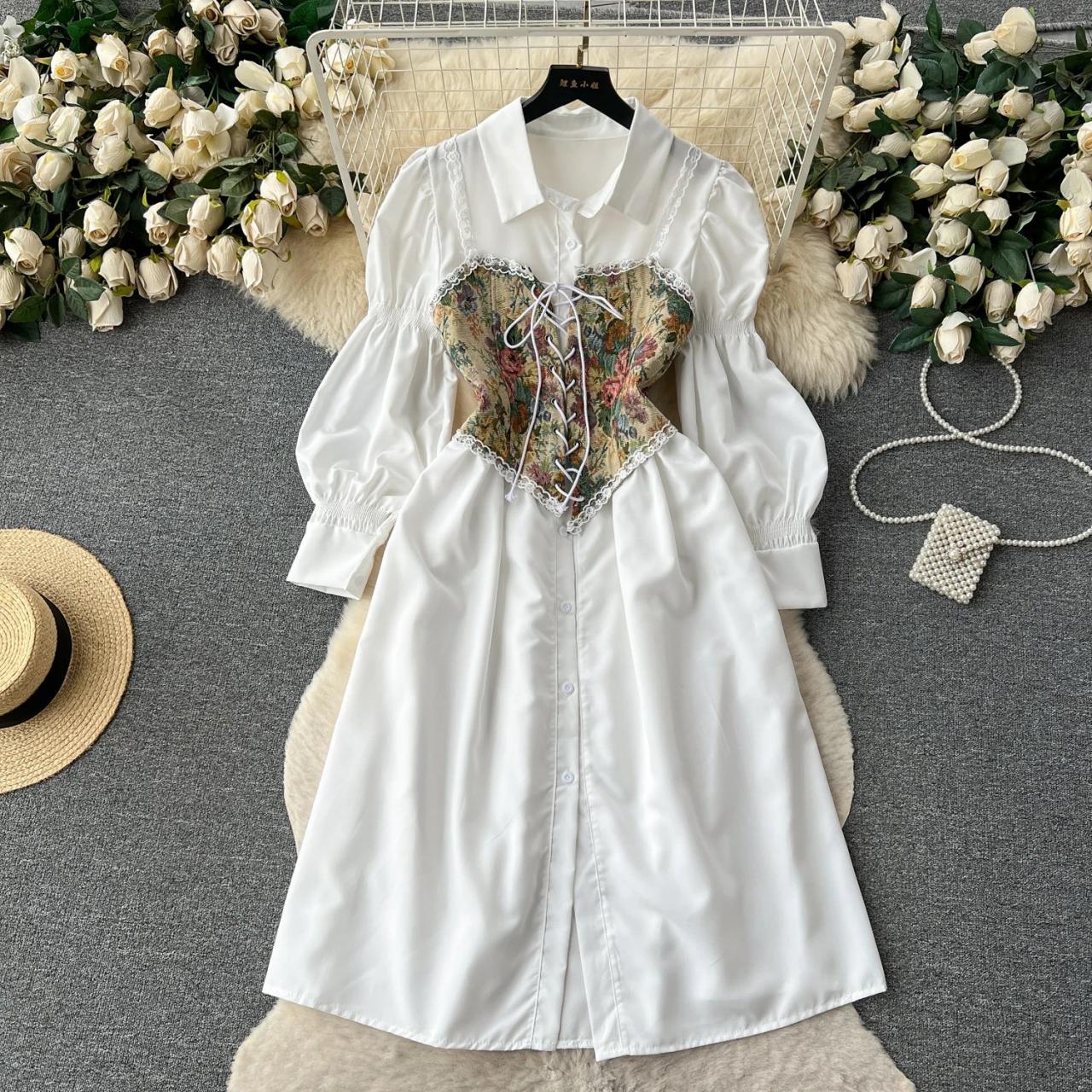 Floral Embroidered Corset White Button-down Dress