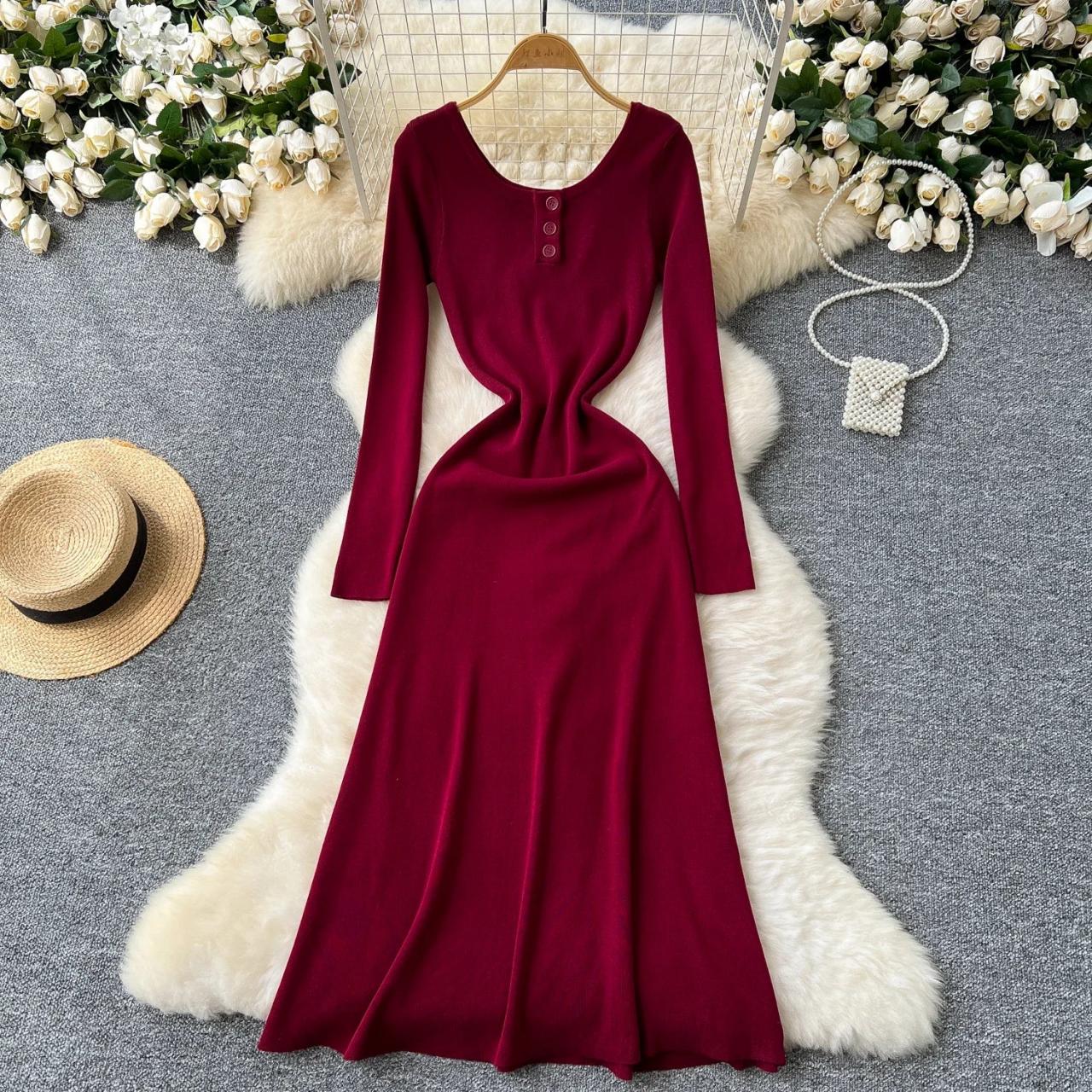 Burgundy Long Sleeve Maxi Dress With Buttons