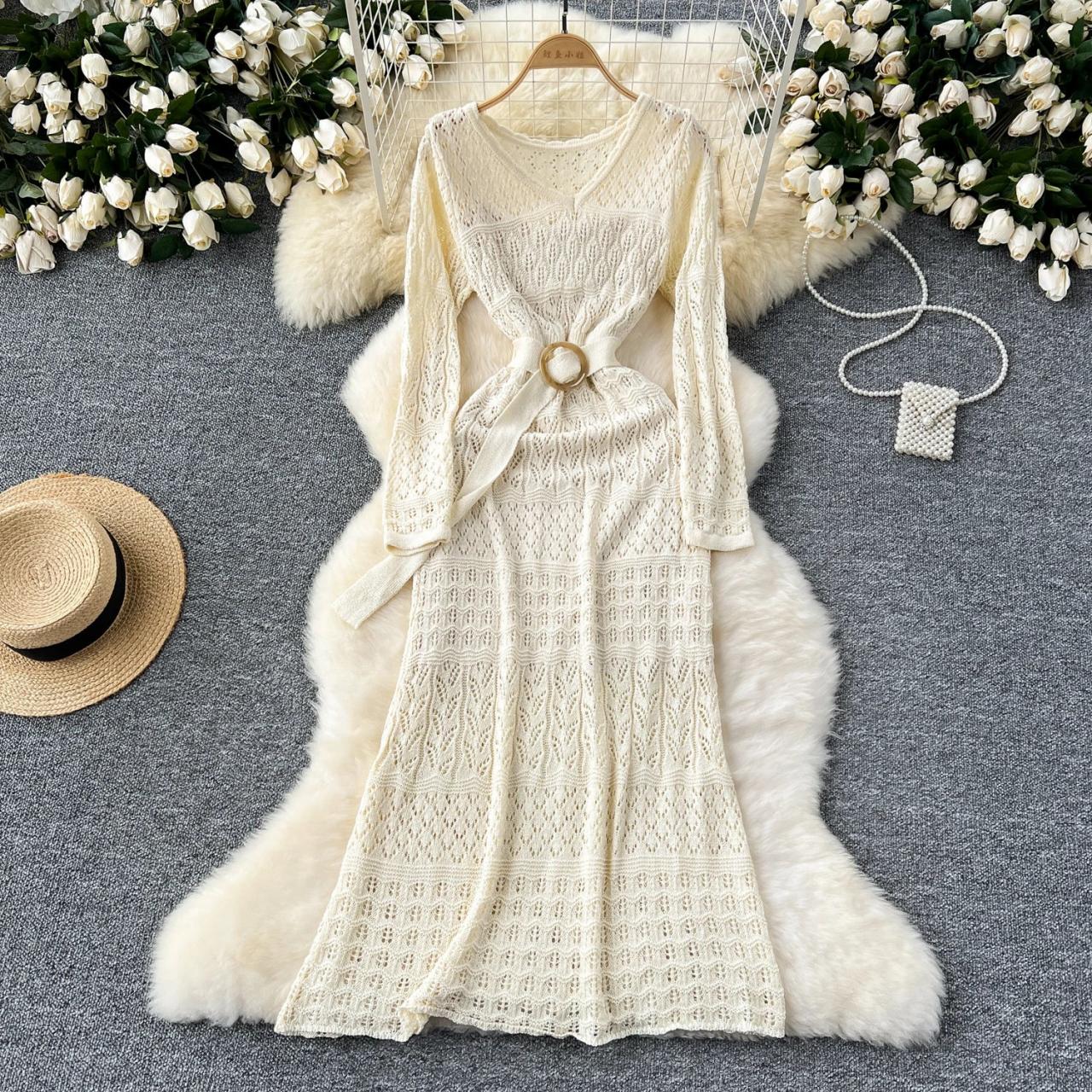 Lace Knit Maxi Dress With Waist