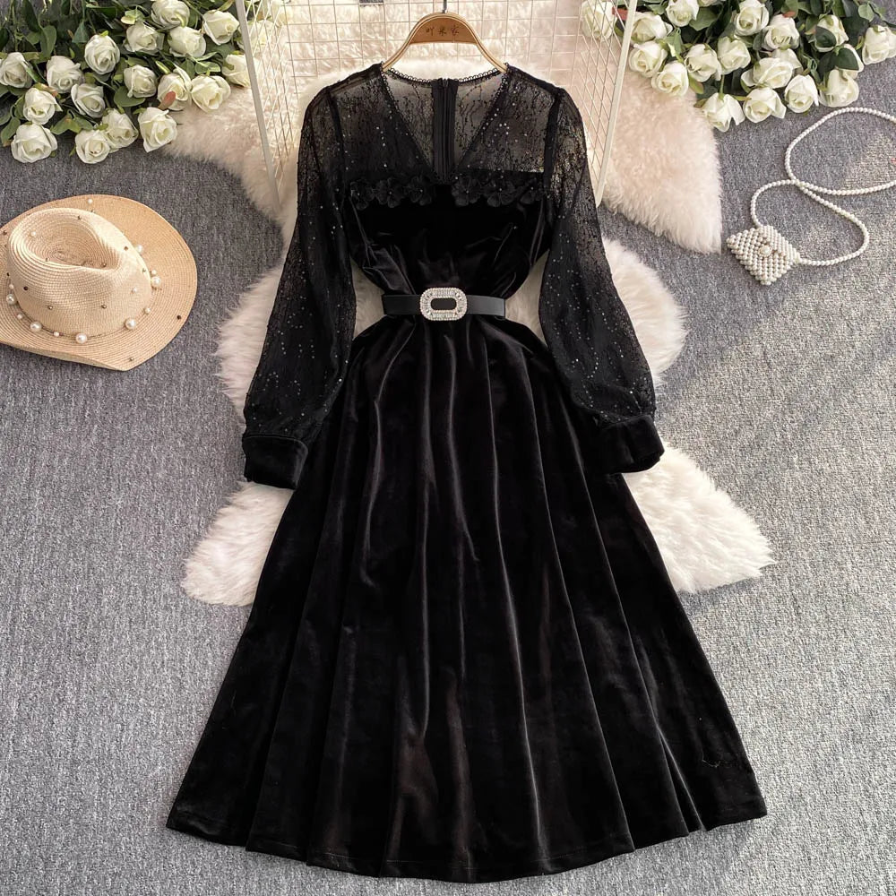 black velvet dress with sheer sleeves Blondie Nites Valerie Sheer Long Sleeve Floor Length Velvet Dress