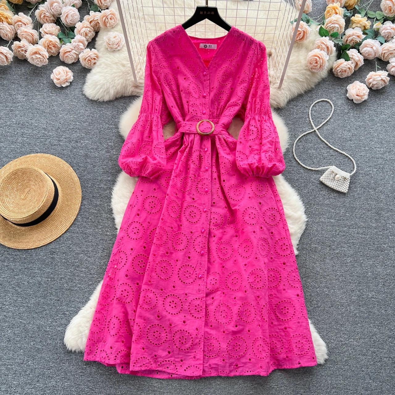 Vibrant Pink Eyelet Dress With Belted Waist