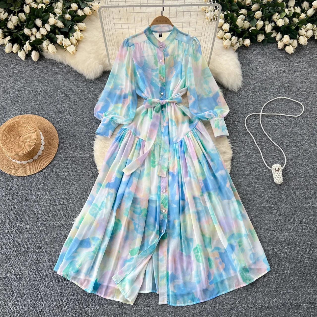 pastel chiffon maxi dress Pastel Chiffon Maxi Dress, Romantic Halter Layered Gown, Summer Resort  Vacation Dress, Flowing Elegant Dress