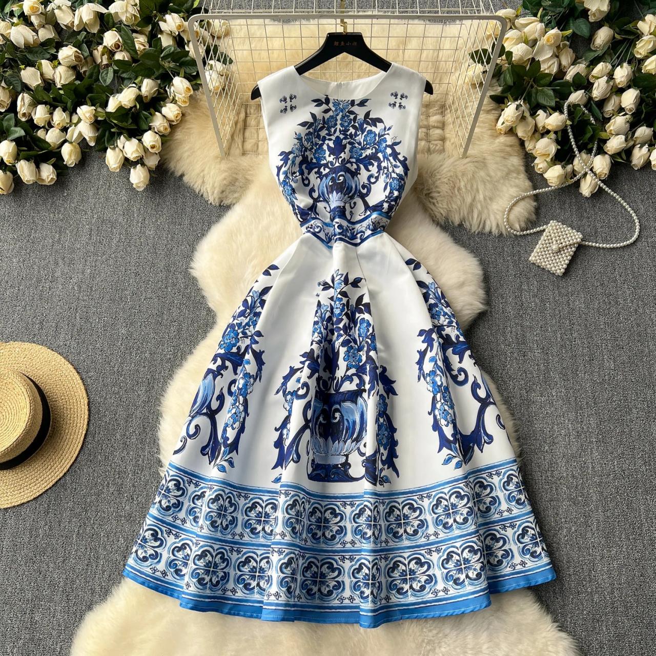 Floral Print Blue And White A-line Dress on Luulla