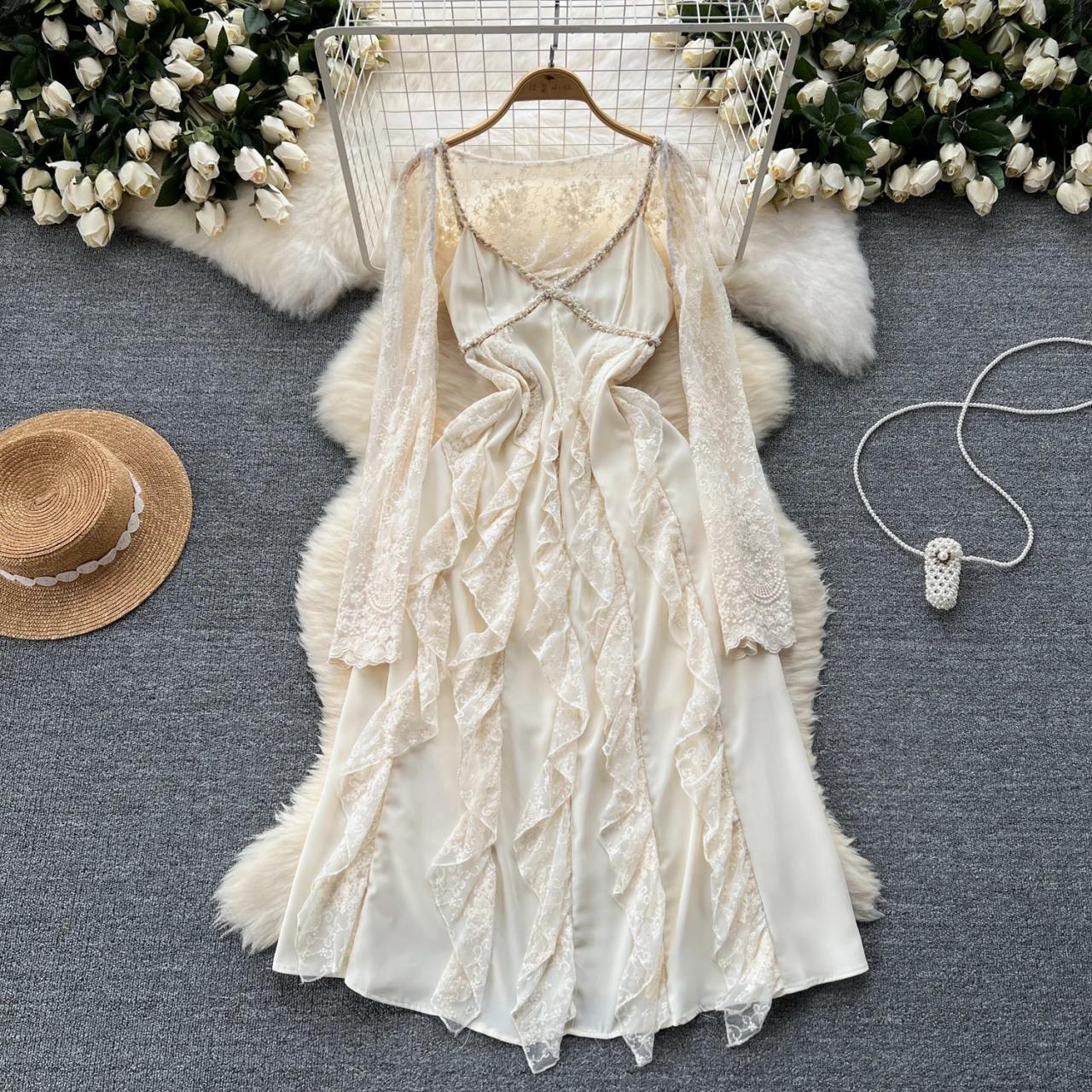 Vintage Lace Romantic Ruffled Long Sleeve Dress
